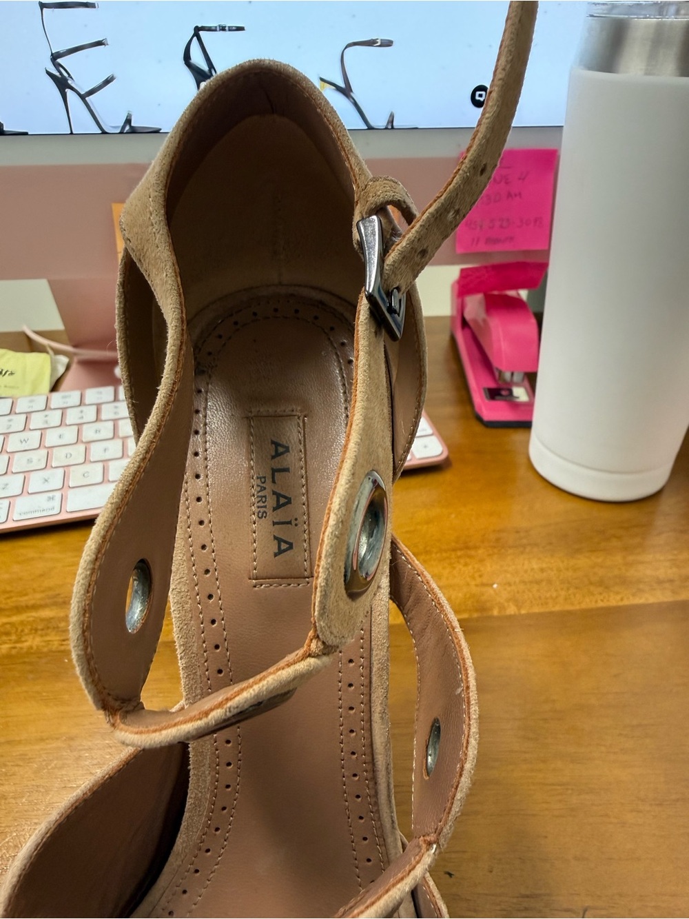 Alaia Tan Suede Ankle-Strap Heels with Metal Grommets